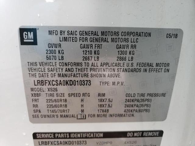 LRBFXCSA0KD010373 - 2019 BUICK ENVISION ESSENCE WHITE photo 13