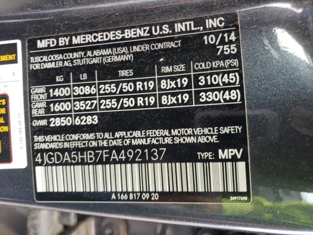 4JGDA5HB7FA492137 - 2015 MERCEDES-BENZ ML 350 4MATIC GRAY photo 12