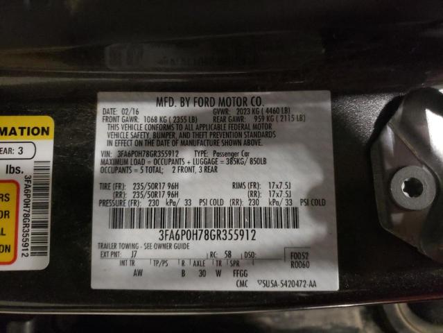 3FA6P0H78GR355912 - 2016 FORD FUSION SE GRAY photo 12