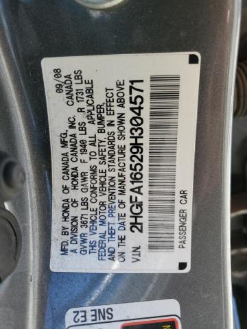 2HGFA16529H304571 - 2009 HONDA CIVIC LX GRAY photo 12