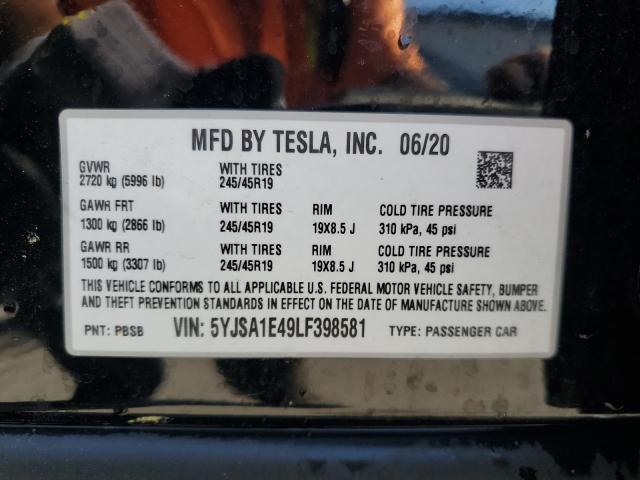 5YJSA1E49LF398581 - 2020 TESLA MODEL S 黑色 照片 12
