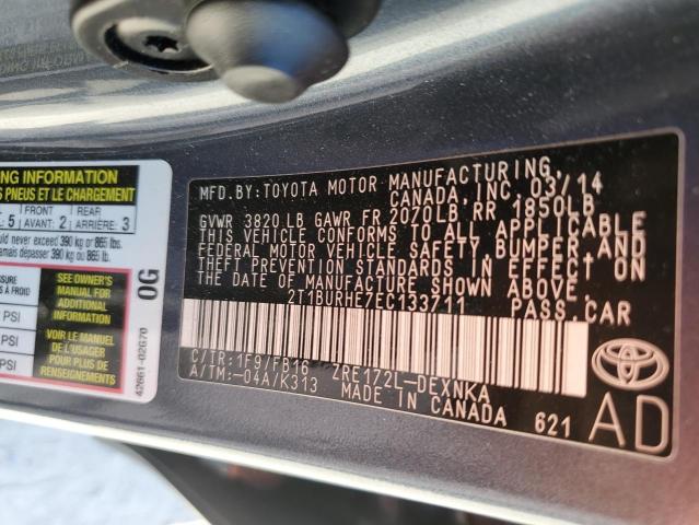 2T1BURHE7EC133711 - 2014 TOYOTA COROLLA L GRAY photo 13