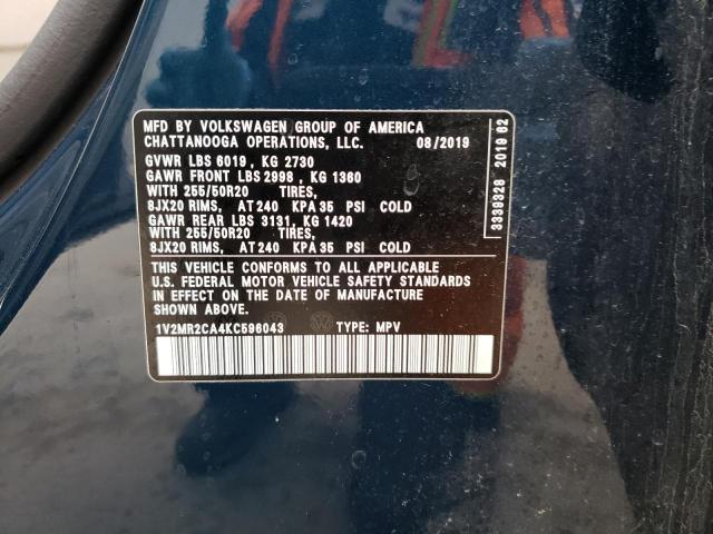 1V2MR2CA4KC596043 - 2019 VOLKSWAGEN ATLAS SEL GRAY photo 12