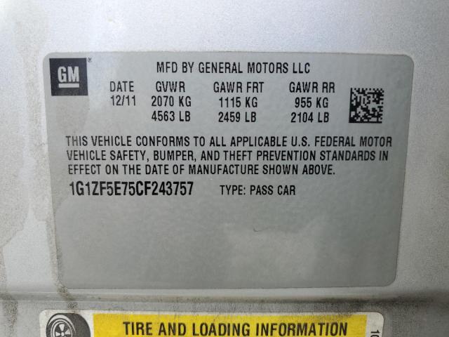 1G1ZF5E75CF243757 - 2012 CHEVROLET MALIBU 3LT ვერცხლისფერი ფოტო 12