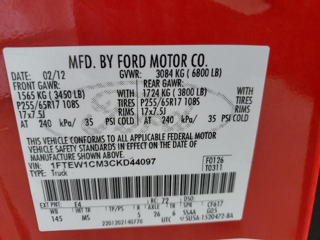 1FTEW1CM3CKD44097 - 2012 FORD F150 SUPERCREW RED photo 12