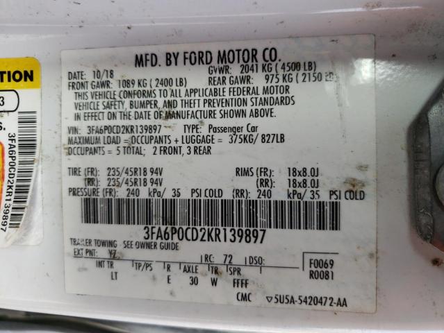 3FA6P0CD2KR139897 - 2019 FORD FUSION SEL WHITE photo 12