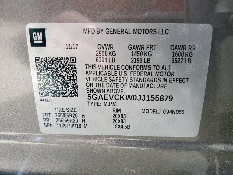 5GAEVCKW0JJ155879 - 2018 BUICK ENCLAVE AVENIR GRAY photo 13