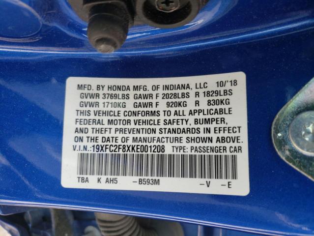 19XFC2F8XKE001208 - 2019 HONDA CIVIC SPORT 蓝色 照片 10