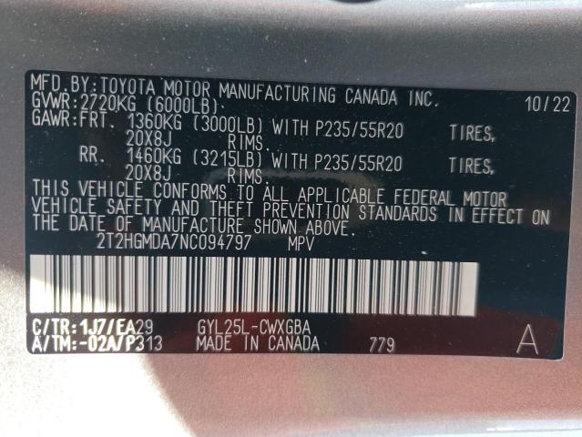 2T2HGMDA7NC094797 - 2022 LEXUS RX 450H SILVER photo 12