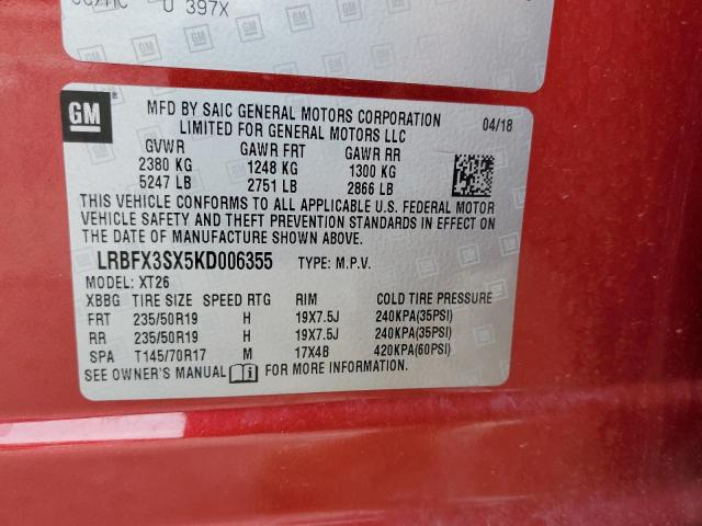 LRBFX3SX5KD006355 - 2019 BUICK ENVISION PREMIUM RED photo 12