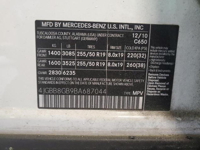 4JGBB8GB9BA687044 - 2011 MERCEDES-BENZ ML 350 4MATIC WHITE photo 12