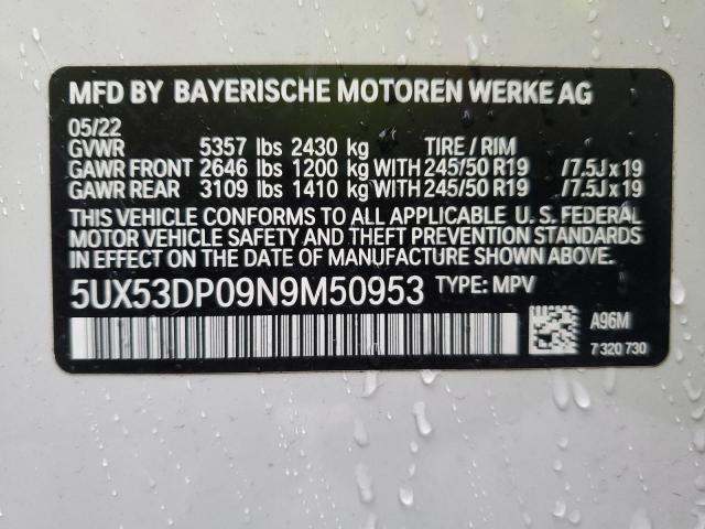 5UX53DP09N9M50953 - 2022 BMW X3 XDRIVE30I WHITE photo 13