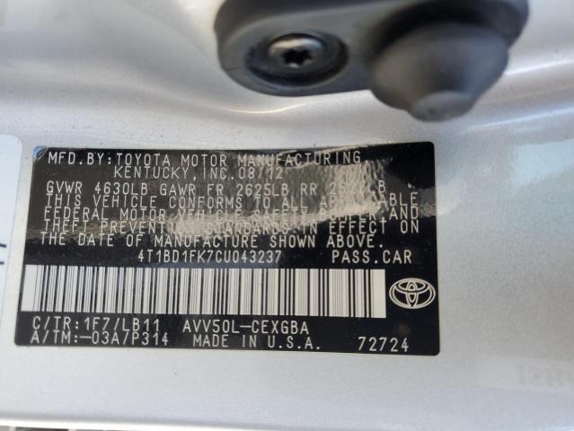 4T1BD1FK7CU043237 - 2012 TOYOTA CAMRY HYBRID SILVER photo 12