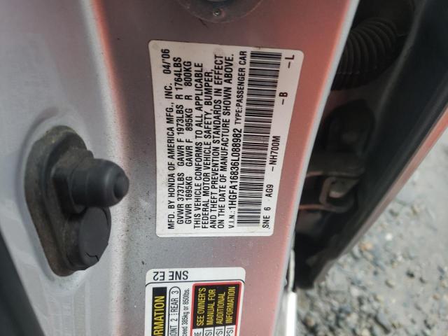 1HGFA16836L088982 - 2006 HONDA CIVIC EX SILVER photo 12