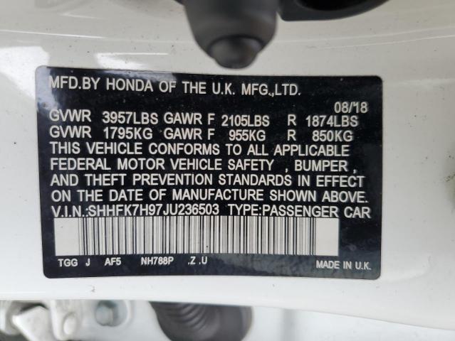 SHHFK7H97JU236503 - 2018 HONDA CIVIC SPORT TOURING WHITE photo 13