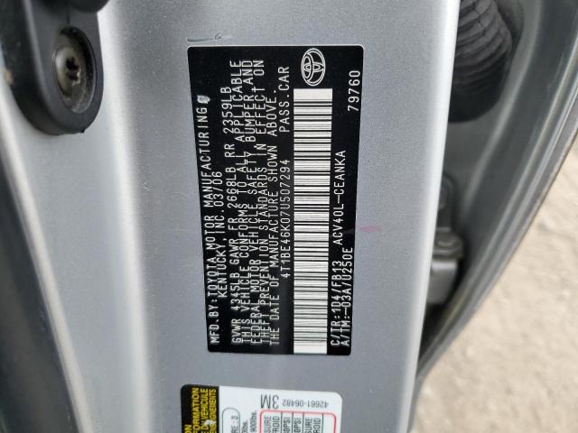 4T1BE46K07U507294 - 2007 TOYOTA CAMRY CE SILVER photo 12