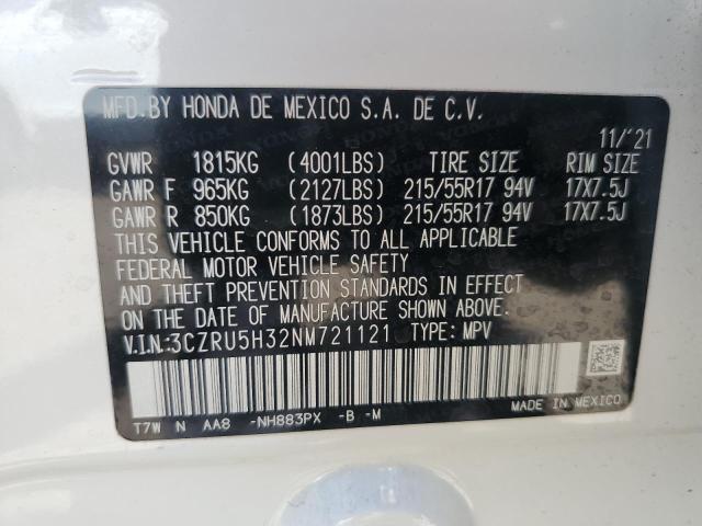 3CZRU5H32NM721121 - 2022 HONDA HR-V LX WHITE photo 12