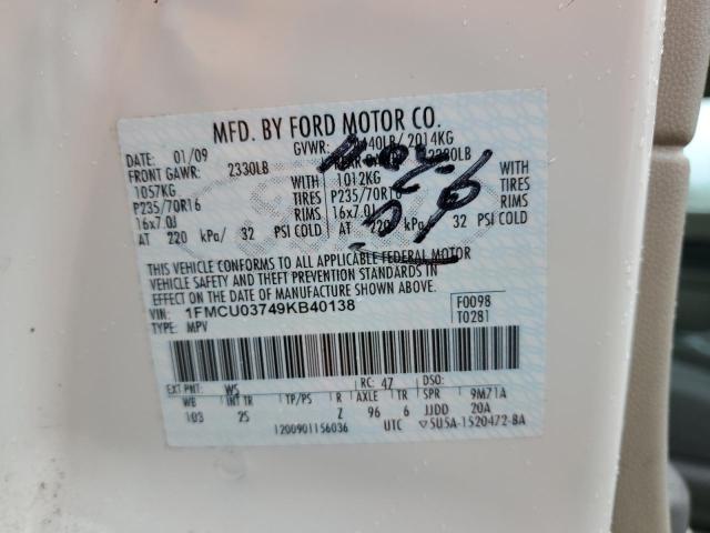 1FMCU03749KB40138 - 2009 FORD ESCAPE XLT WHITE photo 12