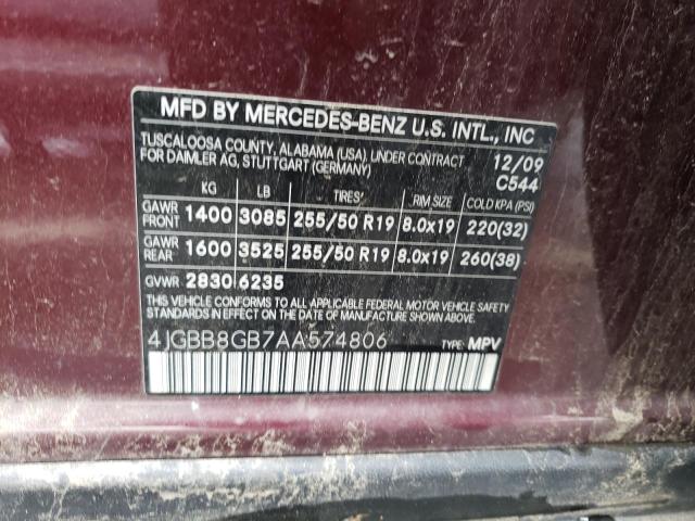 4JGBB8GB7AA574806 - 2010 MERCEDES-BENZ ML 350 4MATIC MAROON photo 13