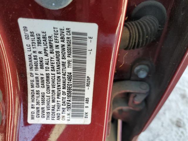 19XFA16569E014604 - 2009 HONDA CIVIC LX RED photo 12