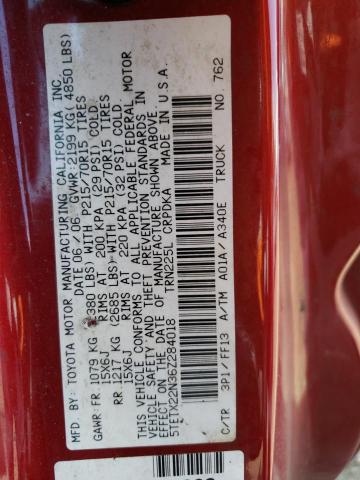 5TETX22N36Z284018 - 2006 TOYOTA TACOMA ACCESS CAB წითელი ფოტო 12