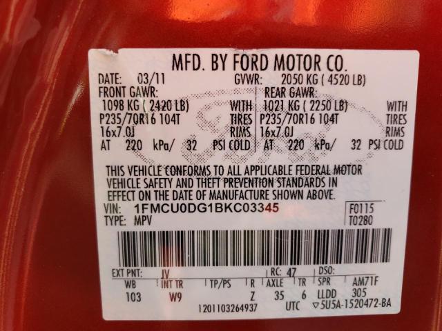 1FMCU0DG1BKC03345 - 2011 FORD ESCAPE XLT RED photo 12