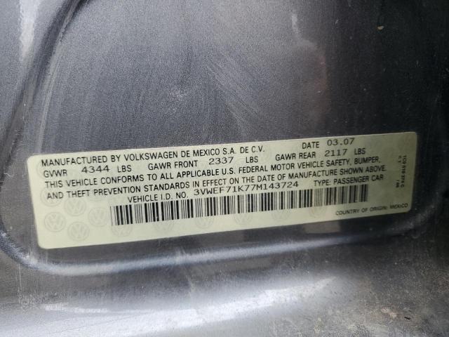 3VWEF71K77M143724 - 2007 VOLKSWAGEN JETTA WOLFSBURG 灰色 照片 12
