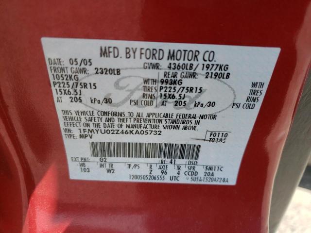 1FMYU02Z46KA05732 - 2006 FORD ESCAPE XLS RED photo 10