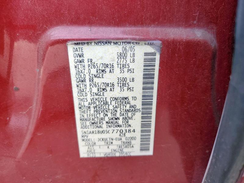 5N1AR18U05C770384 - 2005 NISSAN PATHFINDER LE MAROON photo 13