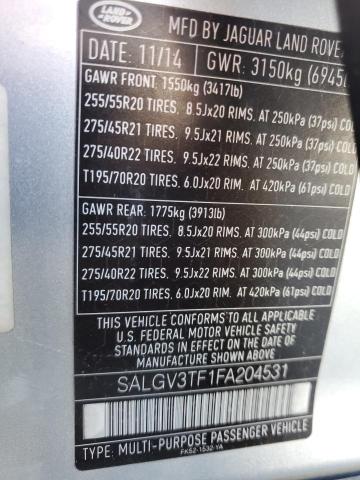 SALGV3TF1FA204531 - 2015 LAND ROVER RANGE ROVE AUTOBIOGRAPHY SILVER photo 13