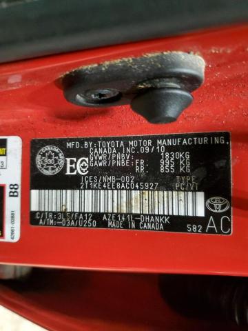 2T1KE4EE8AC045927 - 2010 TOYOTA COROLLA MA S RED photo 12