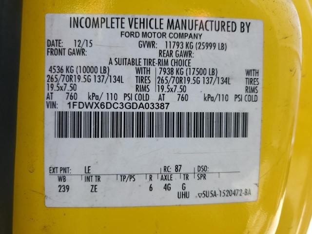 1FDWX6DC3GDA03387 - 2016 FORD F650 SUPER DUTY YELLOW photo 12