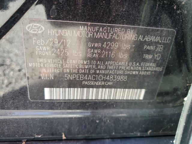 5NPEB4AC1CH483988 - 2012 HYUNDAI SONATA GLS BLACK photo 12