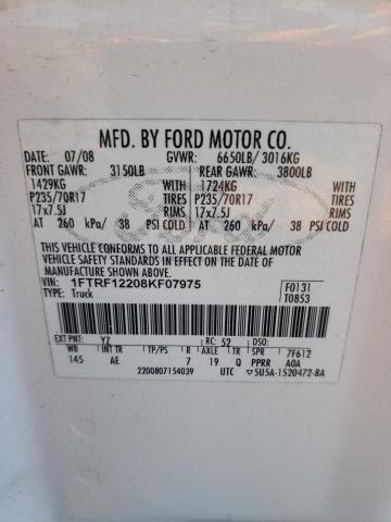 1FTRF12208KF07975 - 2008 FORD F150 WHITE photo 12