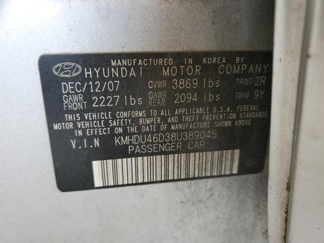 KMHDU46D38U389045 - 2008 HYUNDAI ELANTRA GLS SILVER photo 12