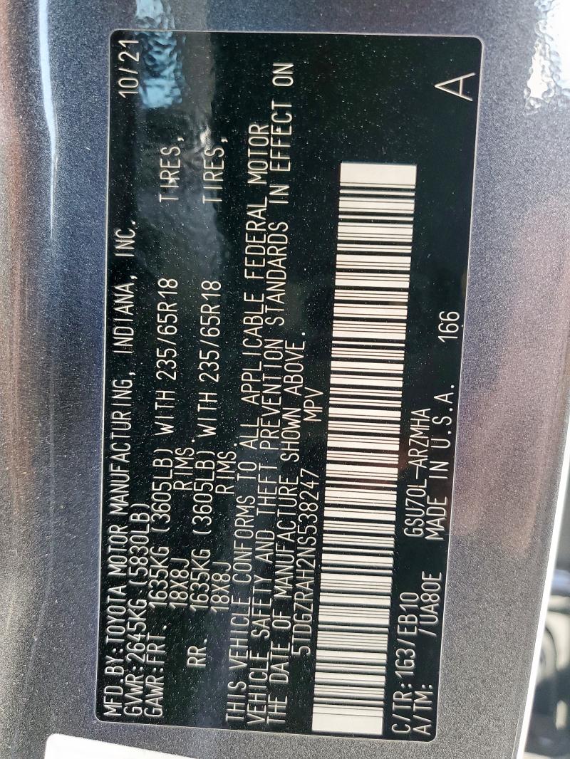 5TDGZRAH2NS538247 - 2022 TOYOTA HIGHLANDER XLE 石墨色 照片 13