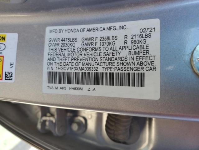 1HGCV1F3XMA039332 - 2021 HONDA ACCORD SPORT SILVER photo 12