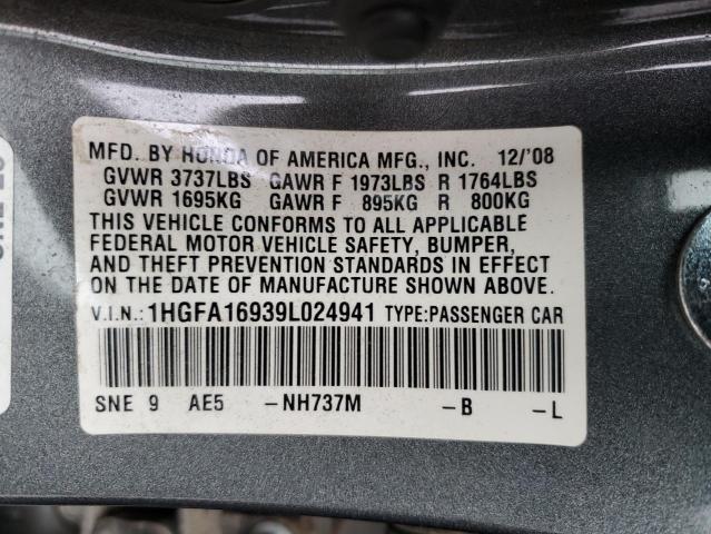 1HGFA16939L024941 - 2009 HONDA CIVIC EXL გრაფიტი ფოტო 12