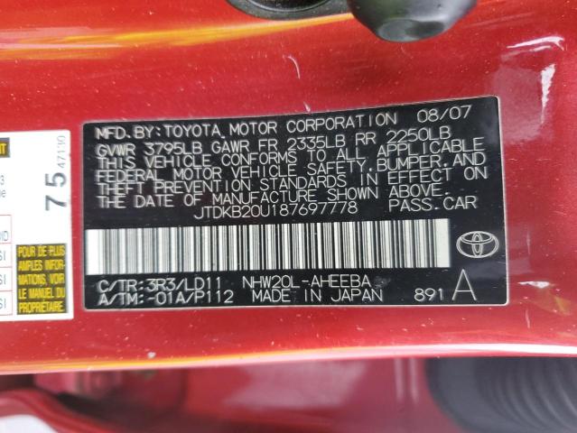 JTDKB20U187697778 - 2008 TOYOTA PRIUS RED photo 12