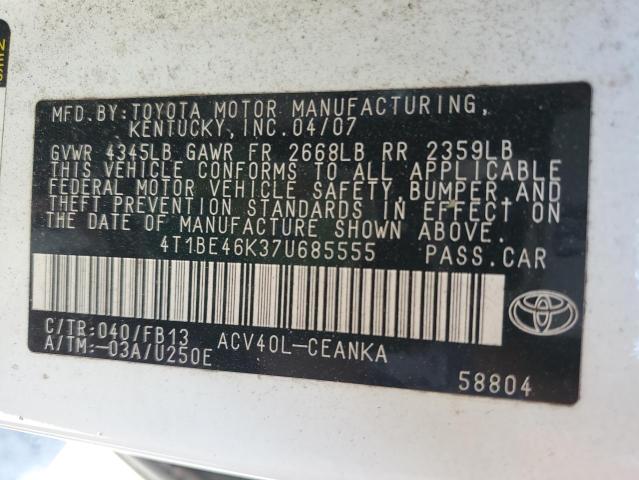 4T1BE46K37U685555 - 2007 TOYOTA CAMRY CE BLACK photo 12