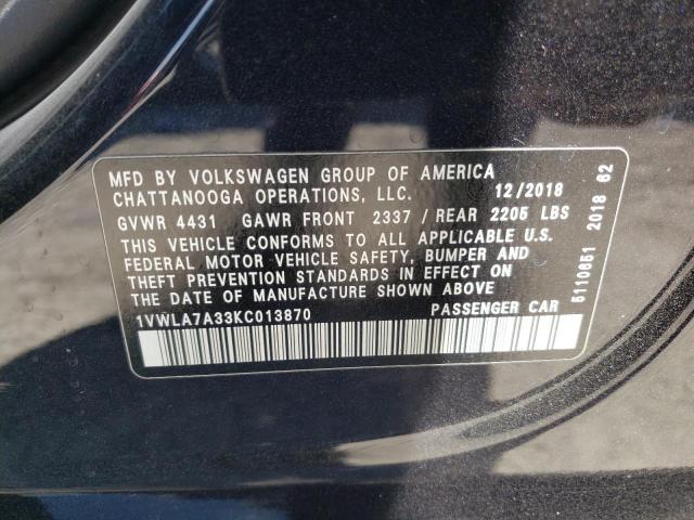 1VWLA7A33KC013870 - 2019 VOLKSWAGEN PASSAT WOLFSBURG BLACK photo 12