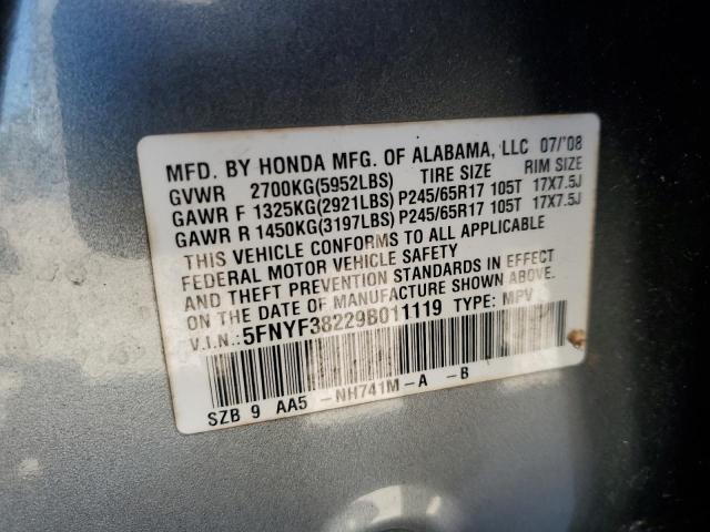 5FNYF38229B011119 - 2009 HONDA PILOT LX GRAY photo 13