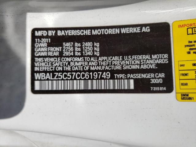 WBALZ5C57CC619749 - 2012 BMW 650 XI WHITE photo 12