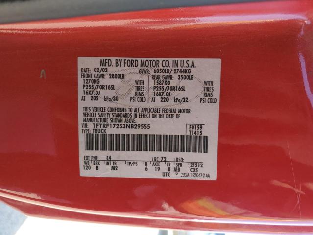 1FTRF17253NB29555 - 2003 FORD F150 RED photo 12