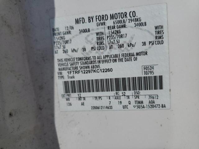 1FTRF12297KC12260 - 2007 FORD F150 WHITE photo 12