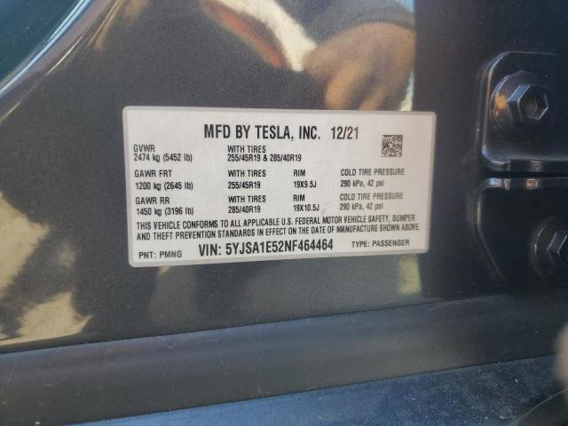 5YJSA1E52NF464464 - 2022 TESLA MODEL S GRAY photo 12