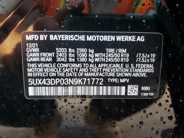 5UX43DP03N9K71772 - 2022 BMW X3 SDRIVE30I BLACK photo 10