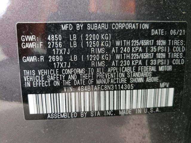 4S4BTAFC8N3114305 - 2022 SUBARU OUTBACK PREMIUM GRAY photo 13