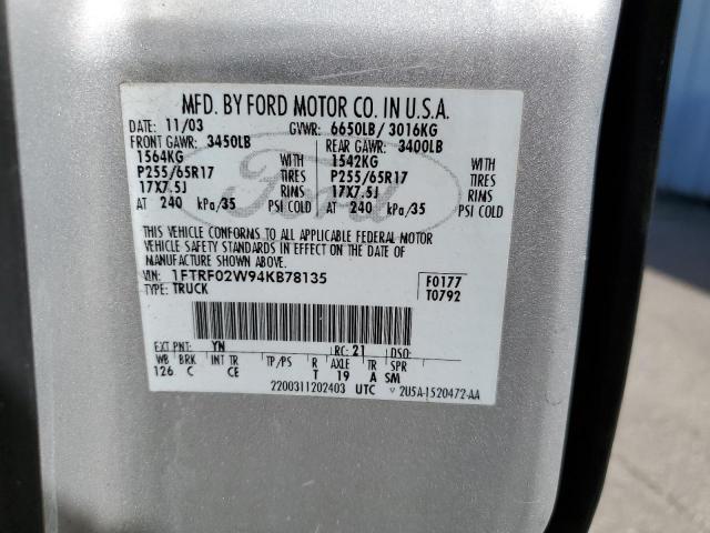 1FTRF02W94KB78135 - 2004 FORD F150 SILVER photo 12