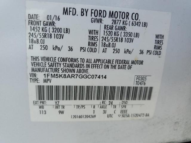 1FM5K8AR7GGC07414 - 2016 FORD EXPLORER POLICE INTERCEPTOR 白色 照片 14